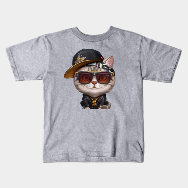 Silver Tabby Cat Hip-Hop Super Star Kids T-Shirt by stonemask